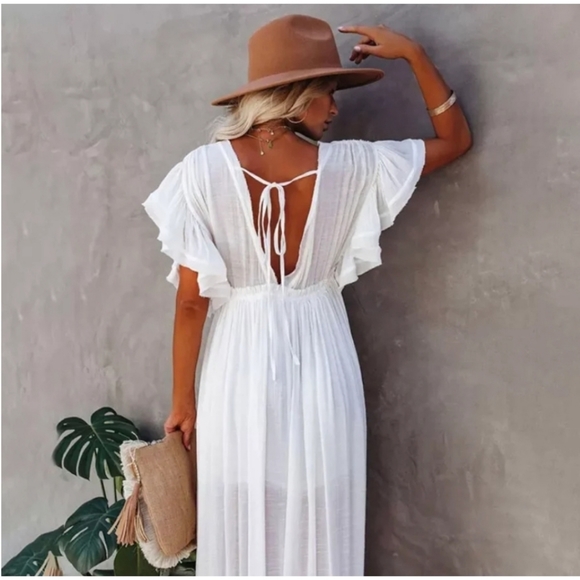 New Boho Flowy Plunge Maxi Gauze Cover Up Dress Summer White - Picture 2 of 15